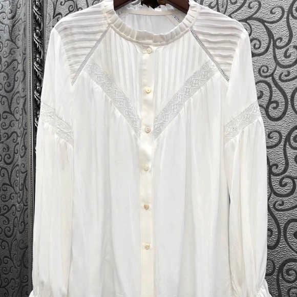 Boho White frill neck button down long sleeve top - Picture 8 of 10